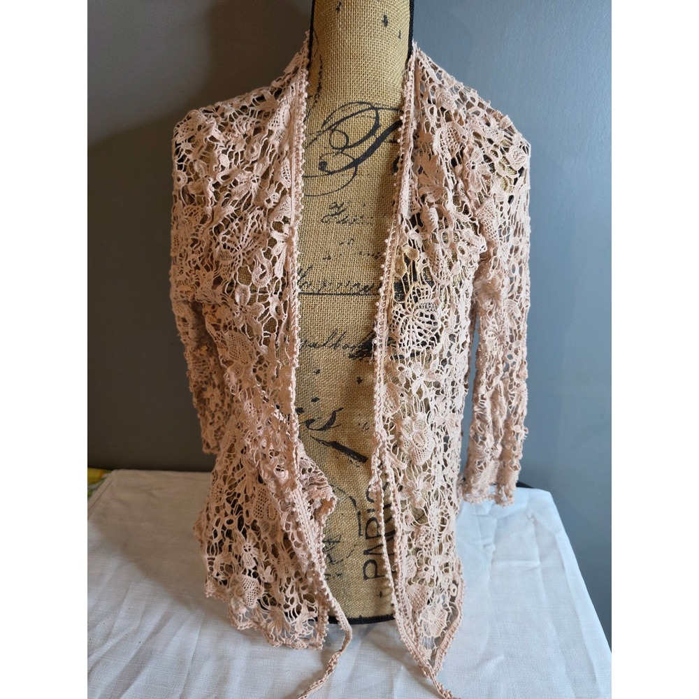 Chicos Floral Lace Crochet Open Front Cardigan Blush Pink Cotton Size 3
